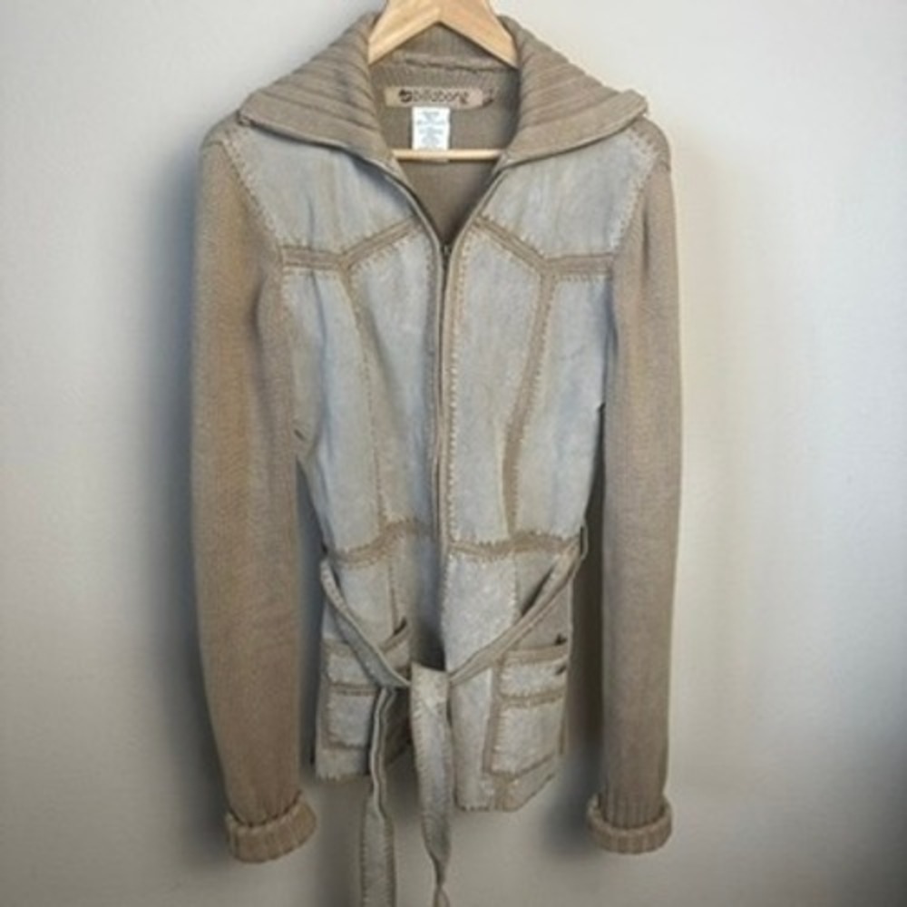 Billabong Women's Beige Leather Suede Knit Zip Up Belted Jacket Size L